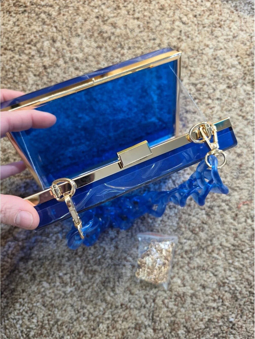 Modern Blue Acrylic Clutch Bag with Gold Hardware and Chain Handle